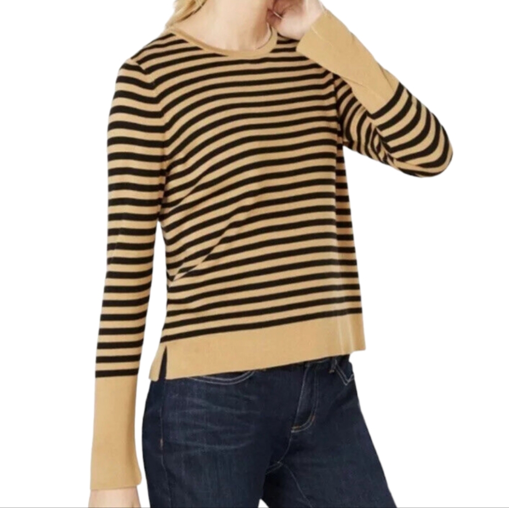 Eileen Fisher Tencel Silk Crewneck Sweater Brown Black Striped Slit Hem Sz S